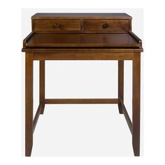 a wooden desk with two drawers on the top and one drawer at the bottom, sitting against a white background