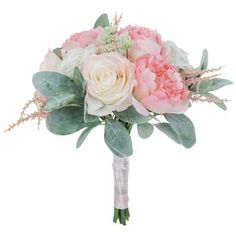 a bridal bouquet with pink and white flowers, greenery and leaves on a white background