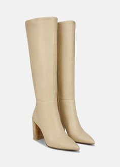 Our minimalist knee-high Pilar boot is crafted of supple leather with a sleek pointed toe and contrasting stacked heel. Beige Boots, Boots Beige, Leather Knee Boots, Knee Boot, Shoe Size Conversion, Outfit Inspo Fall, Macadamia, Contemporary Fashion, Stacked Heel