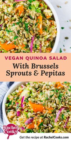 a bowl filled with broccoli, carrots and sprouts next to the words vegan quinoa salad