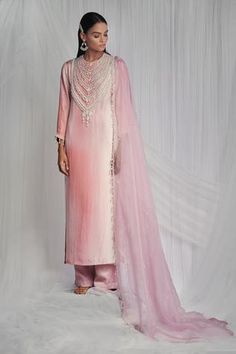 Shop for Mala and Kinnary Pink Pure Habutai Silk Embellished Kurta Set for Women Online at Aza Fashions Pearl Tassels, Pink Kurta, Kurta Set For Women, Organza Dupatta, How To Hem Pants, Indian Fashion Designers, Silk Pants, Silk Embroidery, Kurta Set