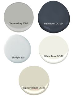 four different shades of white paint with the names of each one in black and white