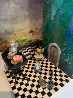 there are many figurines on the black and white checkerboard floor in this room