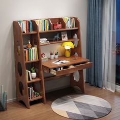 a wooden desk with bookshelf and lamp on it in front of a window