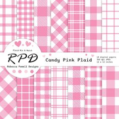 pink plaid paper set with hearts on the top and bottom, all in different patterns