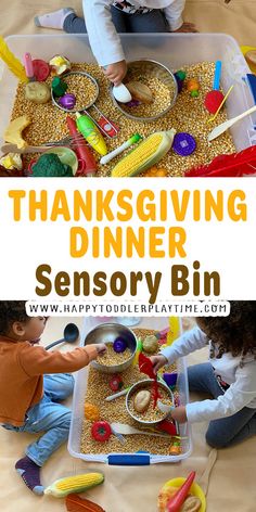 two children are playing with thanksgiving dinner bins