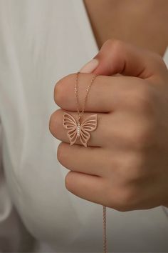 Fine Jewelry Rose Gold Butterfly Charm, Butterfly Shaped Rose Gold Jewelry For Gifts, Butterfly Shaped Rose Gold Jewelry Gift, Rose Gold Butterfly Jewelry For Gifts, Rose Gold Butterfly Jewelry Gift, Rose Gold Jewelry With Butterfly Charm As Gift, Rose Gold Butterfly Charm Jewelry As Gift, Rose Gold Sterling Silver Charm Necklaces For Wedding, Dainty Rose Gold Jewelry With Butterfly Charm