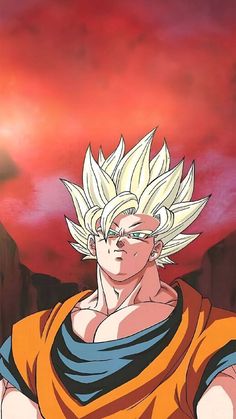 the dragon ball character is in front of a red sky with clouds and water behind him