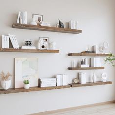 three wooden shelves on the wall with books and plants in vases next to them