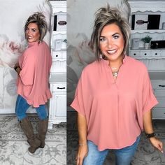 This casual oversized blouse comes with a split neckline and voluminous dolman sleeves for a relaxed but chic look. The ruffled detailing at the back gives it a little extra flair and femininity while still being easy to pair with your favorite jeans. Simply throw it on for a effortlessly stylish weekend ensemble that's perfect for coffee dates or running weekend errands. 100% Rayon Feminine Split Neck Blouse, Trendy Split Neck Fall Blouse, Trendy Split Neck Blouse For Fall, Casual Flutter Sleeve Blouse For Fall, Flowy Flutter Sleeve Blouse For Fall, Chic Flowy Blouse With Split Neck, Chic Flowy Split Neck Blouse, Billowy V-neck Top With Ruffles, Oversized Chic Blouse For Brunch