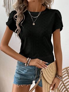 Women's Solid Color Casual Round Neck Petal Short Sleeve T-Shirt Black Casual  Short Sleeve Knitted Fabric Plain  Slight Stretch  Women Clothing, size features are:Bust: ,Length: ,Sleeve Length: Slim Fit Top, Black Casual, Workout Tops, Pretty Outfits, All Fashion, Women Clothing, Womens Tees, Knitted Fabric, Casual Shirts