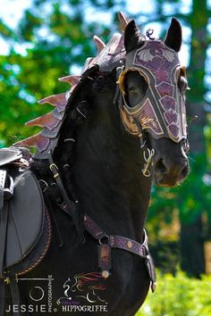 a close up of a horse wearing a helmet with spikes on it's head