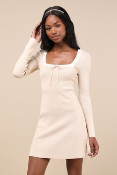 Definitely Sweet Beige Scalloped Long Sleeve Mini Sweater Dress Winter Date Dress, Trendy Winter Dresses, Long Sleeve Winter Formal Dress, Coquette Winter Dress, Winters Dresses, Conformation Dresses, Fall Casual Dresses, Cute Winter Dresses, Cute Winter Dress