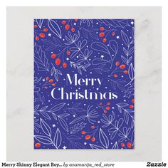 merry christmas card with blue background and red berries on the front, in white lettering