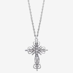 The large cross hangs from rope chain links polished in silver tone. Richly tooled filigree is carved in an intricate style set with seven sparkling clear crystals at the center of the design.Features: Religious JewelryJewelry Closure: Lobster ClaspShape: CrossStone Cut: RoundMetal Color: Silver ToneChain Length: 30 InchPendant Length: 53mmPendant Width: 38mmChain Construction: RopeCare: Wipe CleanStone Type: 7 CrystalMetal: AlloyNecklace Type: Pendant NecklacesPendant & Charms Type: PendantsCou Ornate Cross Necklace With Intricate Design, Oxidized Metal Cross Pendant Jewelry, Spiritual Cross Necklace With Intricate Design, Antique Silver Sterling Silver Cross Necklace, Antique Silver Cross Necklace In Sterling Silver, Antique Silver Cross Necklace With Oxidized Finish, Silver Cross Metal Jewelry, Antique Silver Oxidized Cross Necklace, Silver Cross Necklace With Adjustable Chain