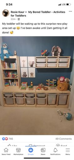 an image of a child's room with toys on the shelves and other items