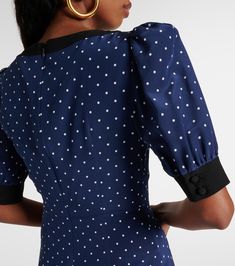 Bow-detail polka-dot silk minidress in blue - Alessandra Rich | Mytheresa Polka Dots Tops, Rich Clothes, Embellished Clutch, Alessandra Rich, Rich Women, Bow Detail Dress, Silk Midi Dress, Blue Midi Dress, Puffed Sleeves