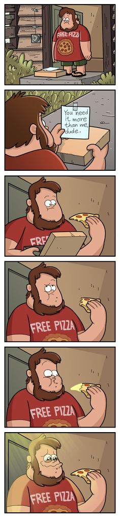 the comic strip shows how pizza is made and what it's like to eat