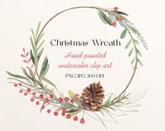 a watercolor christmas wreath with pine cones and berries is featured in this postcard