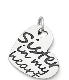 From James Avery, this charm features:Whether you're sisters by birth or by choice, wear this sterling silver charm as a reminder that she will always hold a special place in your heart.sterling silverapprox. 0.6875" lengthMade in the USA.Due to the personalized nature of James Avery bracelets, we are unable to attach charms and customize your design at dillards.com. Please visit the nearest James Avery store or the James Personalized Sterling Silver Charm Necklace With Hallmark, Sterling Silver Keepsake Charm Necklace, Sterling Silver Hand Stamped Charm Necklaces, Sterling Silver Charm Necklace For Keepsake, Personalized Silver Charms For Mother's Day, Personalized Sterling Silver Charms For Valentine's Day, Sterling Silver Heart Charm Necklace, Personalized White Gold Charms For Mother's Day, Personalized White Gold Charms For Valentine's Day