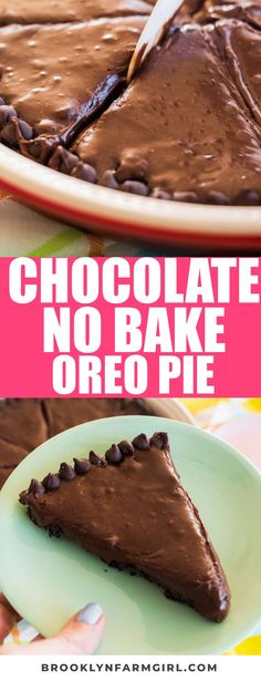 chocolate no bake oreo pie on a plate with the text overlay above it