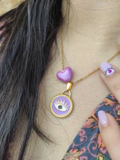 Handmade necklace 45cm + 5cm extention chain Material: Stainless steel Evil Eye Choker Necklace As Gift, Trendy Adjustable Evil Eye Necklace, Trendy Adjustable Evil Eye Necklaces, Evil Eye Choker Necklace For Gift, Evil Eye Earrings, Girly Gifts, Purple Earrings, Purple Eyes, Eye Earrings