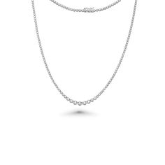 The Riviera Diamond Tennis Necklace is an exquisite piece of jewelry that combines elegance and timeless beauty. This necklace features a total carat weight of 4.00 ct., showcasing a dazzling array of diamonds. The diamonds used in this necklace range in size from 2.60 mm to 4.60 mm, creating a captivating visual effect with their varying sizes. The necklace is crafted with meticulous attention to detail and is set in a Buttercup Setting, which is known for its graceful and secure design. The Bu Diamond Tennis Necklace, White Gold Necklaces, Tennis Necklace, Gold Material, Diamond White, Timeless Beauty, Colored Diamonds, Round Diamonds, Natural Diamonds