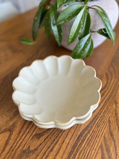 a white bowl sitting on top of a wooden table next to a potted plant