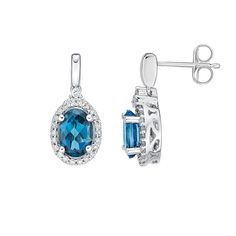 Featuring a series of diamonds and a pair of London blue topaz stones, these gorgeous 10k white gold earrings are the perfect way to finish any outfit. Featuring a series of diamonds and a pair of London blue topaz stones, these gorgeous 10k white gold earrings are the perfect way to finish any outfit. Length: 14 mm Backings: post Metal: 10k white gold Plating: rhodium Finish: polished Packaging: boxedSTONE DETAILS Stone type: London blue topaz Total weight: 2 ct. Center stone size: 7 mm x 5 mm Fine Jewelry Topaz With Halo Design, Elegant Topaz Jewelry With Halo Design, Fine Jewelry Topaz Earrings With Prong Setting, Blue Topaz Earrings With Diamond Accents For Anniversary, Anniversary Earrings With Diamond Accents And Blue Topaz, Formal White Gold Earrings With Blue Topaz, Formal Blue Topaz Earrings With Diamond Accents, Blue Topaz Earrings For Anniversary, Anniversary Blue Topaz Earrings With Diamond Accents