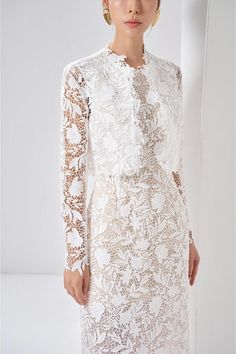 Leila Straight Long Sleeved Lace Midi Set | MEAN BLVD Elegant White Dress With Lace Top, Elegant Long Sleeve Cream Lace Dress, White Long Sleeve Lace Dress For Wedding Guest, White Lace Trim Dress For Wedding Guest, Elegant Spring Lace Dress For Mother Of The Bride, Chic Lace Wedding Dress With Lace Collar, White Feminine Lace For Spring, Spring Lace Dress For Mother Of The Bride, Elegant Lace Top Dress For Mother Of The Bride