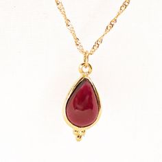 "Gold women necklace, Teardrop charm, Garnet drop necklace, Red necklace, Simple Garnet necklace. Also available with other stones- Moonstone, Blue Opal, White Opal, Labradorite. ♥ ♥ ♥ Garnet- Garnet is the birthstone for January and the stone that celebrates the 2nd anniversary of marriage. it symbolizes peace, prosperity and good health. Some say it even has the power to give the wearer eternal happiness, health and wealth. 🌸 Product details: Handmade necklace 🌸 Measurements: weight-3.5gr. P Everyday Pendant, Gold Necklace Pendant, Necklace Measurements, Gold Drop Necklace, White Opal Earrings, Health And Wealth, Garnet Necklace, 2nd Anniversary, Red Necklace