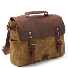 Waxed Canvas and Leather Briefcase for Men 14" Motorcycle Saddlebags Mens Canvas Messenger Bag, Leather Computer Bag, Laptop Handbag, Leather Camera Bag, Canvas Messenger Bag, Leather Laptop Bag, Canvas Crossbody Bag, Messenger Bag Men, Cow Boy