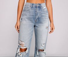 Give your jeans an edgy feel with trendy destructed deets! These boyfriend jeans feature a high-rise waist. distressed detailing at the knees. and a relaxed boyfriend fit. The medium wash denim fabric offers minimal stretch. Complete the look with a chic corset top.Fit & Features High-rise waist Five-pocket and belt loop design Multi button-down front closure Boyfriend fit Distressed detailing. slits at the knees Medium wash denim fabric. minimal stretch. relaxed fit Runs true to size Loop Design, School Clothes, Back To School Outfits, Boyfriend Fit, School Outfits, Denim Fabric, Corset Top, Ripped Jean, High Jeans