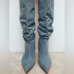 New With Tags Denim Blue Boots For Winter, Denim Blue Winter Boots, Winter Denim Blue Boots, Denim Blue Pointed Toe Denim Boots, Spring Denim Blue Denim Boots, Denim Blue Pointed Toe Winter Boots, Denim Boots For Winter, Winter Denim Blue Boots With Pointed Toe, Fitted Denim Boots For Winter