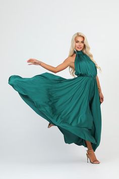 Photoshoot Silk Dress, Bridesmaid Dress, Emerald Green Dress, Full Circle Skirt Summer Dress, Wedding Guest Dress, Evening Dress - Etsy Bosnia and Herzegovina Green A-line Wedding Dress, Pre-draped Satin Bridesmaid Gown, Pre-draped Bridesmaid Dress With Fitted Bodice, Green Pleated Bodice Satin Dress, Green Satin Dress With Pleated Bodice, Pre-draped Halter Neck Maxi Dress For Wedding, Green Sweep Train Wedding Dress, Green Wedding Dress With Pleated Bodice, Flowy Halter Neck Wedding Dress