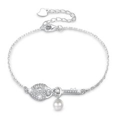 Madge Pure Silver Heart Key Chain Zircon Pearl Bracelet - Hot fashionista Silver Heart-shaped Alloy Bracelets, Elegant Heart Bracelet With Charms, Elegant Metal Chain Bracelet For Valentine's Day, Elegant Alloy Heart Bracelet, Elegant Metal Heart Charm Bracelet, Elegant Heart-shaped Bracelet With Chain, Elegant Charm Bracelet With Lobster Clasp For Valentine's Day, Elegant Metal Chain Bracelet With Heart Charm, Elegant Adjustable Alloy Heart Bracelet