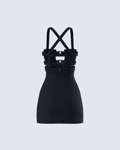 Prepare to feel like your sexiest self with this black mini dress 🖤 Made from Ponte fabric, and complete with a front neckline square trim, pocket details, elastic strap details, and a center back invisible zipper for an elevated look that will leave everyone in awe 😌 Black Mini Corset Dress For Cosplay, Black Mini Dress With Side Zipper, Black Fitted Punk Mini Dress, Black Mini Dress With Zipper Closure, Square Trim, Black Mini Dress With Built-in Bra And Stretch, Ponte Fabric, Black Mini Dress, Cargo Pant