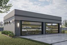 a rendering of a modern garage with two cars parked in the driveway and one car on the other side