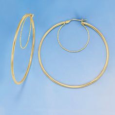 Ross-Simons - Italian 14kt Yellow Gold Double-Hoop Earrings. 1 3/4". You've mastered the layered necklaces and stacked bracelets. Now it's time to layer your earrings! Get the look with these textured and polished 14kt yellow gold double hoops. Made in Italy. Hanging length is 1 3/4". Snap-bar, 14kt yellow gold double-hoop earrings. Gold Plated Stackable Hoop Jewelry, Nickel-free 14k Gold Hoop Jewelry, Polished Yellow Gold Double Band Jewelry, Nickel-free Yellow Gold Hoop Jewelry, Gold Double Band Jewelry With Polished Finish, Nickel-free Hoop Fine Jewelry, Nickel Free Gold-tone Hoop Jewelry, Nickel-free Gold-tone Hoop Jewelry, Gold Stackable Hoop Earrings