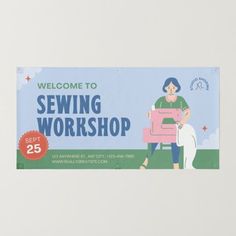 an advertisement for sewing workshop with a woman sitting on a chair and holding a cat