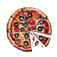 a watercolor drawing of a pizza with one slice missing