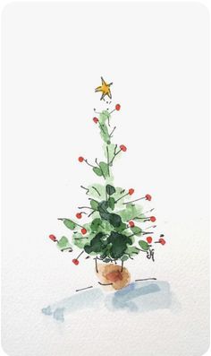 a watercolor painting of a small christmas tree