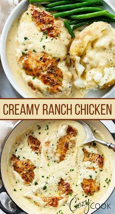 creamy ranch chicken is served in a skillet with mashed potatoes and asparagus