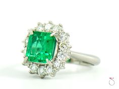 Fine Colombian Emerald & Diamond Halo Platinum Ring Antique Emerald Ring, Platinum Diamond Rings, Emerald Diamond Ring, Diamond Halo Ring, Colombian Emeralds, Halo Diamond Ring, Platinum Ring, Vibrant Green, Green Emerald