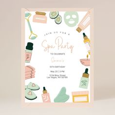 a birthday party card with spa items on the front and back, in pastel colors