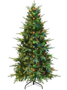 a green christmas tree with multi colored lights