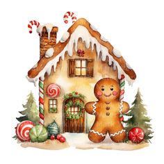 a gingerbread house with candy canes and candies on the outside, watercolor painting