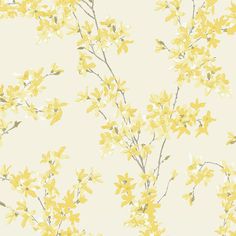 a yellow flowered wallpaper with white and gray flowers on it's side