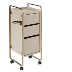 a white and gold cart with three drawers on it's wheels, against a white background