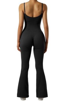 Fabric 90% Nylon, 10% Spandex Feature Compression Fabric & Adjustable spaghetti strap Removable pads& Square Neckline Breathable But Not see through This flared Jumpsuit is perfect for going out, daily, at home, on a date, shopping, and other occasions. Black Stretch Jumpsuits And Rompers With Seamless Construction, Black High Stretch Seamless Jumpsuits And Rompers, Nylon Shapewear For Workout, High Cut Solid Shapewear With Lined Body, Seamless High Waist Bodysuit In Solid Color, Seamless Solid Color Jumpsuits And Rompers With Spaghetti Straps, High Stretch Solid Shapewear With Seamless Construction, Solid High Stretch Seamless Shapewear, Sleeveless Stretch Nylon Shapewear